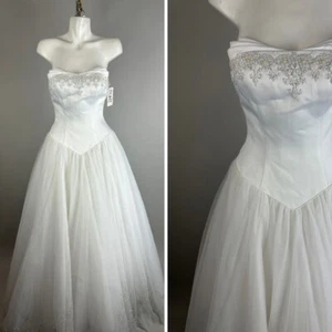 Vtg Y2k Lana Bisset White Strapless Beaded Tulle Fairycore Wedding Gown Size 4 - Picture 1 of 11