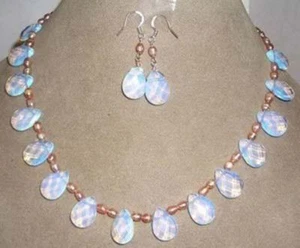 6-7mm Pink pearl & 10x14mm Moonstone Drops Pendant Necklace18'' Earrings Set - Picture 1 of 6