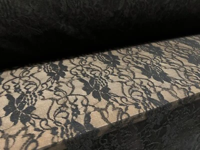 Stretch Lace Mesh Fashion Fabric, Per Metre - Rose Flower Design - Black - Image 1 of 4