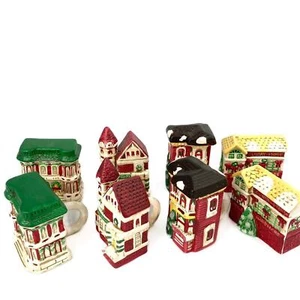 Christmas Village Ceramic Vintage Holiday Town Napkin Rings Two Sets of 4 rings - Picture 1 of 13