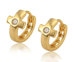 Deluxe Ohrringe Kreuz Creolen Zirkonia Kristall 999er Gold 24K vergoldet Damen - Bild 1 von 8