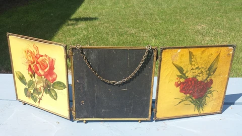 Antique Paul De Longre Signed Tri Fold Roses Floral Vanity Mirror Victorian Age Cover