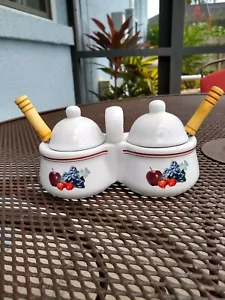 Vintage Houston Harvest Fruit Design Double Jelly Jam Server With Lids & Spoons - Picture 1 of 8