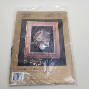 Mixed Floral On Black SOMETHING SPECIAL Cross Stitch Kit 14" X 18" BLACK 1991 - Picture 1 of 7