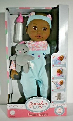 My Sweet Love Sweet Baby Muñeca Afroamericana con Peluche Gatito Biberón Juguete Oscuro Foto 1 de 4