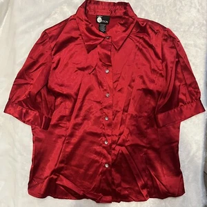 Vintage 90s First Option Red Satin Puffärmel Strass Knöpfe Shirt Gr. L EVC - Bild 1 von 6