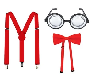 Red 3 Piece Goofy School Nerd Fancy Dress Geek Costume Braces Glasses Bow Tie UK - Picture 1 of 12