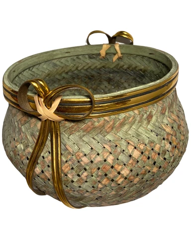 Green Bamboo Weave Basket with Brass Rim Cover