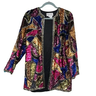 Vintage 1980s Black Tie Sequin, Silk, & Beads by Pierre Cardin, Glamorous, SZ S - Image 1 of 4