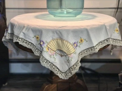Vintage Hand Embroidered Linen Tablecloth with FAN Design, 36" x 33.5" 1950s USA - Image 1 of 4