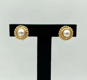 Vintage Napier Signed Clip On Earrings - Faux Pearls Gold Tone 1/2” - Picture 1 of 5