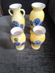 Pretty Selection Of 4 Hand Painted Yellow With Blue Flower Urn And 3 Vases - Picture 1 of 12