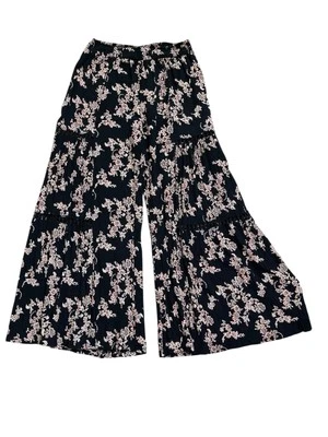 Pantalones Angie Negros Florales Boho Pierna Ancha Palazzo Cintura Elástica Talla Pequeña Foto 1 de 4