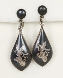 Vintage Thai/Siam Nielloware Earrings Black/Silver Dancer Design on Both Sides - Picture 1 of 2