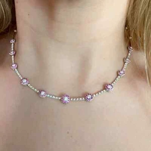 18K White Gold Pink Sapphire And Diamond Tennis Necklace - Picture 1 of 10