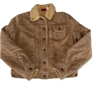 Vintage Levis Suede Sherpa Trucker Jacket Women’s Juniors Medium Tan Back Strap - Picture 1 of 10