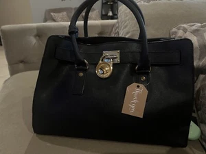MICHAEL KORS Hamilton Satchel Geniune Leather bag 13”x10.5” Black Purse EUC - Picture 1 of 5