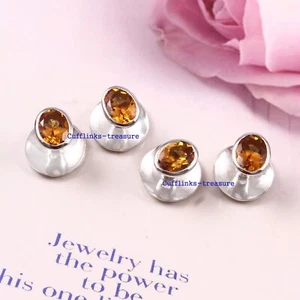 Natural Citrine Gemstone with 925 Sterling Silver Men's Tuxedo Buttons set #7900 - Picture 1 of 6