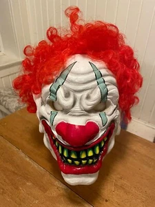 Clown Mask Halloween Creepy Evil Scary Rubber Latex Adult Red Wig Fun - Picture 1 of 11