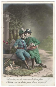 Hunting costume real photo postcard °1908 French romantic couple tinted RPPC - Picture 1 of 2