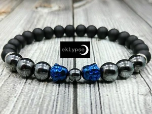 8"L STAINLESS STEEL 8mm Hematite+Onyx Gemstone Beaded Men's Blue Buddha Bracelet - Picture 1 of 8