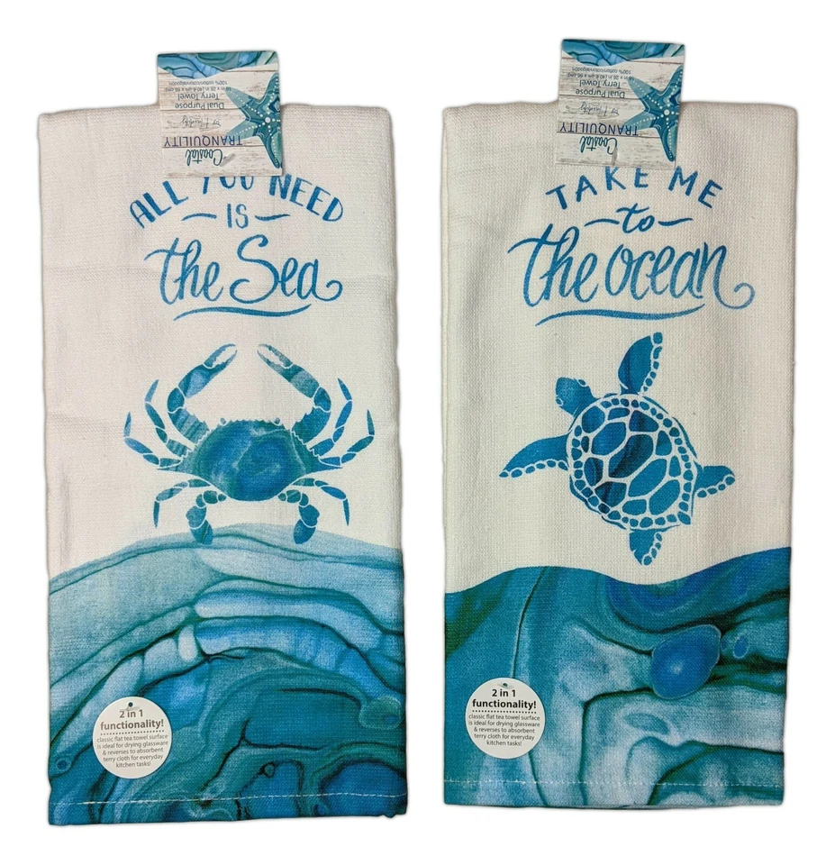 Set of 2 SEA TURTLE & CRAB Ocean & Sea Terry Kitchen Towels by Kay Dee Designs