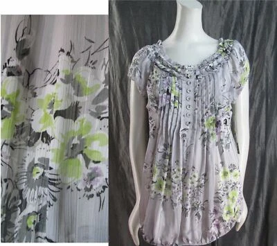 XOXO 透明灰色绿色花卉条纹雪纺圆领上衣 T613 — 第 1/4 张图片