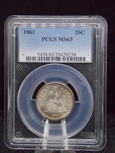 UNITED STATES 1861 PHILADELPHIA SEATED LIBERTY SILVER QUARTER SLABBED PCGS MS 63 - Picture 1 of 2