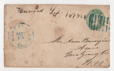US 1854 STATIONERY COVER MARYSVILLE, CAL. TO AMES NEW YORK MONTGOMERY COUNTY - Image 1 of 2