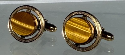 Vintage La Mode Genuine Tigers Eye Cuff Links Gold Filled Mens Estate Jewelry - Image 1 of 4