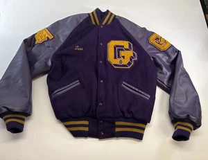 Vintage Meca Varsity Letterman Jacket Purple Wool Leather Large Retro Repurpose - Picture 1 of 12
