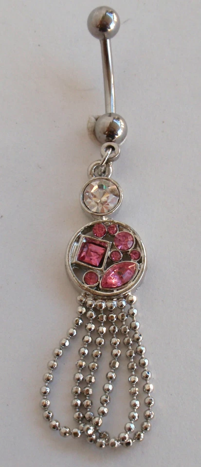 CUTE AND SPARKLY! Pink Multi-Gem with Chains Dangle Navel Belly Ring - Image 1 of 1