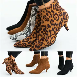 Mujeres Damas Botas al tobillo Damas Tacones bajos medios para gatito Zapatos Cremallera Botas puntiagudas Talla - Imagen 1 de 19