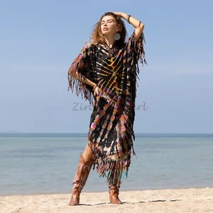 Arlo Hand Tiedye Boho Tie Dye Maxi Festival Tunic Top Fringe Dress Kaftan Poncho - Picture 1 of 4