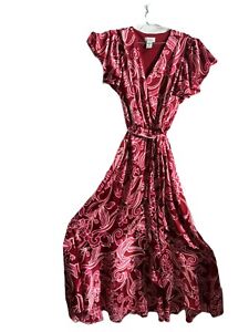 Nicole Miller Pink Floral Satin Ruffle Flutter Sleeve Wrap Maxi Dress Size M