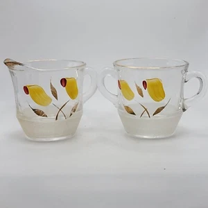 Tazas de crema y azúcar vidrio transparente pintado a mano diseño floral 3"H borde dorado desgaste - Imagen 1 de 6