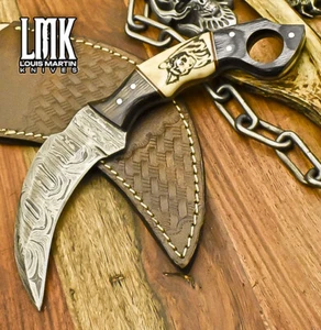 LMK Forged Karambit Knife Twist Damascus ScrimShaw Bone Wooden Bolster EDC - Picture 1 of 9