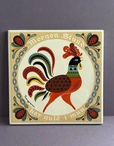 Vtg Berggren Tile Trivet 'Morgon Stund' Rooster Swedish Folk Art Farmhouse Decor - Picture 1 of 11