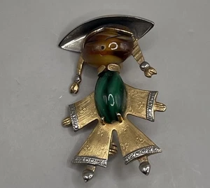 Women’s Brooch Mixed Metal Green Malachite Tigers Eye Asian Lady Woman - Picture 1 of 8