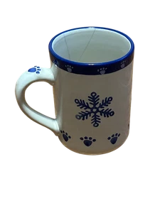 Taza de cerámica blanca/azul copo de nieve y estampado de patas 5 pulgadas de alto 3,5 pulgadas de diámetro (grieta) - Imagen 1 de 10