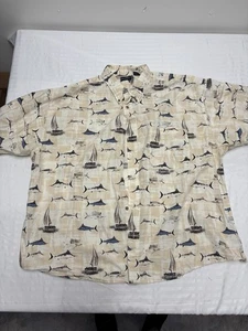 Puritan Mens Shirt Size 3XL Beige Button Up Trout Fish AOP Logo Short Sleeve 90s - Picture 1 of 10