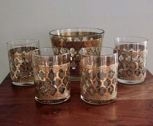 Cubo de hielo Culver Valencia vintage y 4 vasos Rocks oro 22K diamante verde como nuevo - Imagen 1 de 14