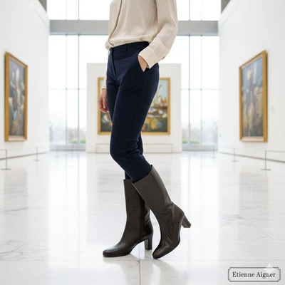 NUEVO CON ETIQUETAS Botas Altas Etienne Aigner Rossie Todo Cuero Talla 9.5 Marrón Cremallera Brasil Preppy Foto 1 de 4