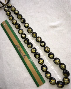 Kukui Nut Lei Gold Hibiscus Flower Necklace Graduation Wedding Hawaiian Luau New - Picture 1 of 1