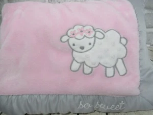 Wendy Bellissimo pink plush baby blanket white lamb gray binding trim - Picture 1 of 6