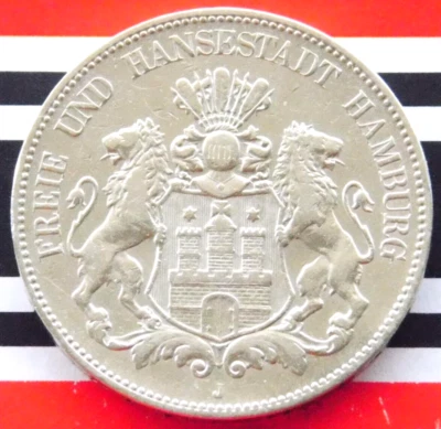 GERMAN 5 Mark 1903 J States HAMBURG Hansestadt Silver Coin EMPIRE WW1 RARE - Image 1 of 4