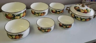 Vintage Regency Club Enamel Set of 6 Metal Nesting Bowls & 1  Dutch Oven Fruit  - Image 1 of 4