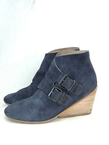 Marsell Blue Suede Wedge Double Buckle Ankle Booties Boots Shoes Sz 36 6 leather - Picture 1 of 12