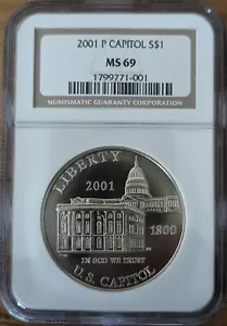 2001-P Library of Capitol COMMEMORATIVE SILVER DOLLAR COIN NGC PF69 - Picture 1 of 2