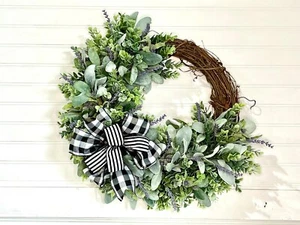 All Year Wreath for Front Door, Door Hanger, Lambs Ear and Lavender Wreath, - Picture 1 of 6